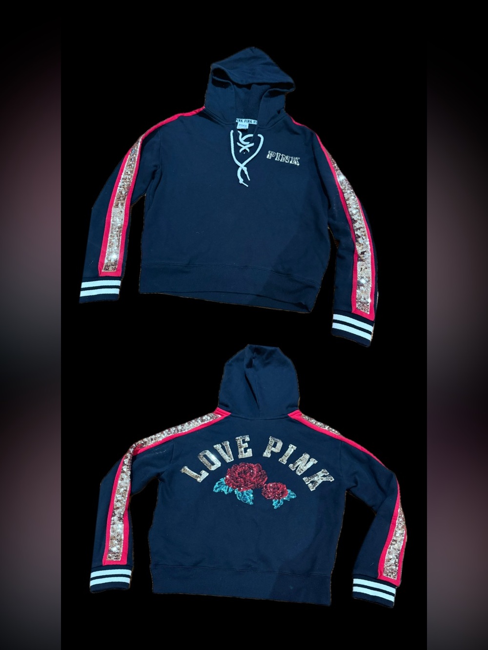 PINK Victoria's Secret Navy Hoodie with Pink Trim & Sequin Sleeve Stripes